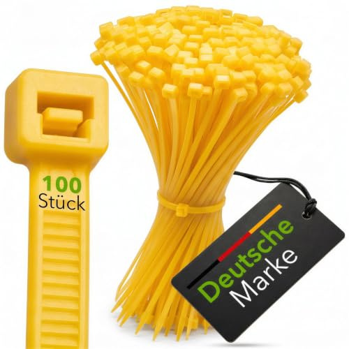 Kabelbinder-Shop Cable Ties Yellow 4.8 x 290 mm I Pack of 100 Stable & Versatile for Indoor and Outdoor Use I Reliable Cable Organisation for Electrical Installations & Crafts
