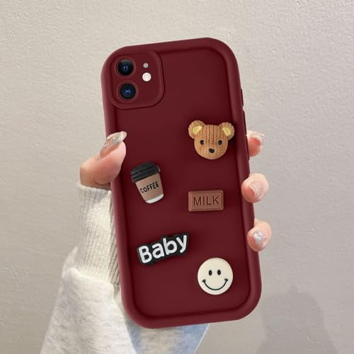 Coalbooliy Custodia per iPhone 11 6,1'', Cellulare Rosso Silicone Morbido Cute Cover per telefono Aesthetic Modello Orsetto di peluche 3D Disegni Protezione Fotocamera Antiurto Case, 04
