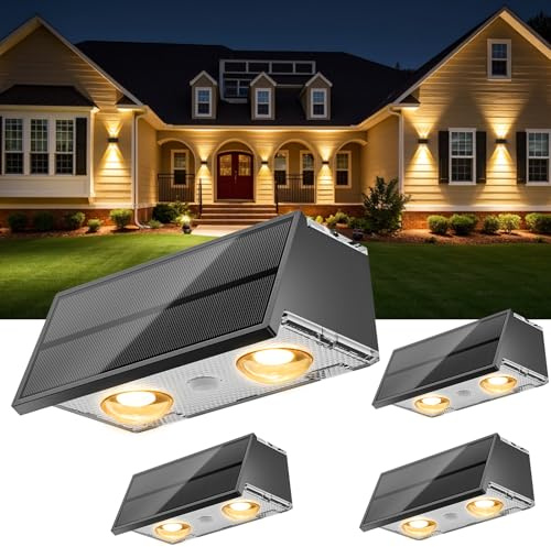 NIORSUN Solar Fence Lights,4 Pack Deck Light,Led Outdoor Lights 3000K/4500K/6000K+ RGB Up & Down Wall Lights Waterproof,Solar Powered Light for Backyard/Pool/Railing/Patio/Porch/Step Black