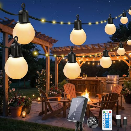Bigzom Solar Lichterkette Außen, 10M 100 LED, 20 Glühbirnen, Warmweiß | USB-Solar-2-in-1,mit Fernbedienung,Wetterfest, Für Garten Terrasse Camping Hochzeit