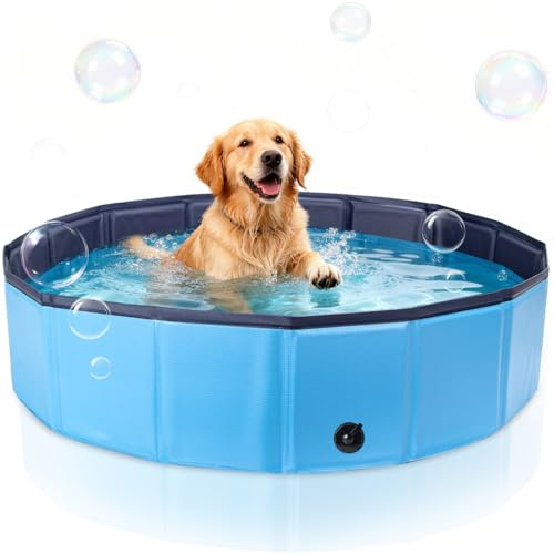 Nobleza Dog Paddling Pool Large 120x30cm, Foldable PVC Pet Swimming Pool,Non-Slip Dog Bath Tub with Drain Plug,Puppy Folding Pools for Outdoor Garden, Blue