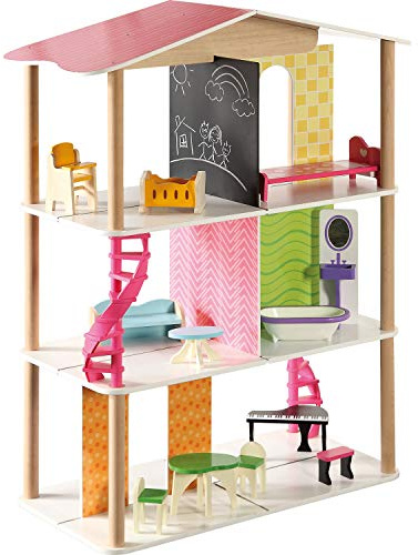 small foot 7809 Puppenhaus Charlotte aus Holz, 3 Etagen mit 12 Möbeln, von jeder Seite bespielbar, ab 3 Jahren