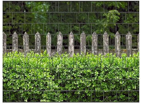 PerfectHD Zaunsichtschutz - Motiv Holzzaun und Buxus - Sichtschutz für den Garten - 2,50 x 1,80 x 0,19 m - 9 Streifen - 30 Varianten