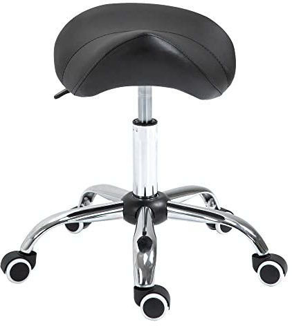 HOMCOM Tabouret à roulettes, Tabouret de Massage avec Hauteur réglable 49-61 cm et Selle Ergonomique, Chaise de Travail à roulettes pivotant 360°, pour Salon de Massage Tatouage Clinique Spa, Noir
