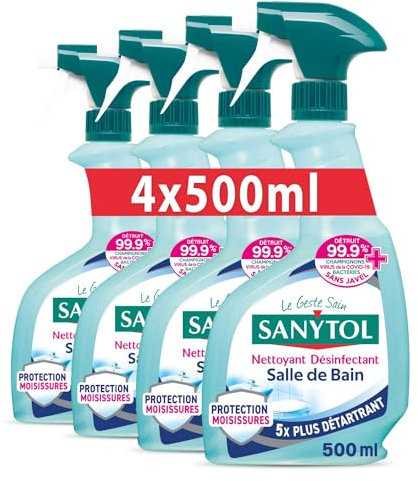 Sanytol - Désinfectant Ultra-Détartrant Salle de Bain - 500 ml - Lot de 4 - Bactéricide, Virucide, Fongicide - Sans Javel