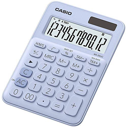 CASIO Tischrechner MS-20UC-LB, 12-stellig, in Trendfarben, Steuerberechnung, Zeitumrechnung, Solar-/Batteriebetrieb