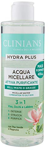 CLINIANS | Acqua Micellare Rimozione Trucco Purificante Hydra Plus Active, Dermatologicamente Testato, Deterge Delicatamente, Made in Italy, 400 ml