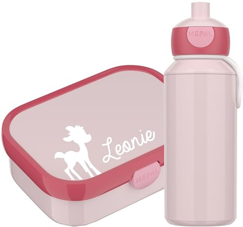 4youDesign Set: pinke Brotdose und Trinkflasche -REH- mit Namen für Kinder, 6 Farben, 3 Motive, inkl. Dosen-Einsatz, Gabel & Pop-Up Flasche für Schule (Cool Pink)