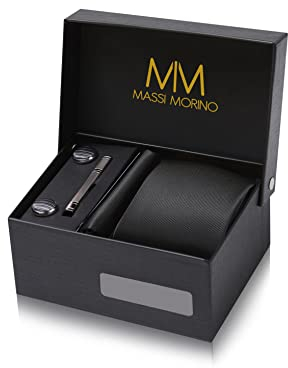 Massi Morino Cravate Homme Noir et mouchoirs de poche, boutons de manchette et Pinces à cravates | Coffret cadeau | Accessoires de Fete de Mariage