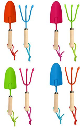 Rivanto® Kinder Gartenschaufel und Harke, Gartenwerkzeug Set für Kinder, Holzstiel mit Metallaufsatz, Aufhängeöse, trendige Farben, farbig sortiert