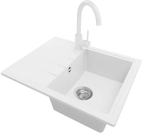 PRIMAGRAN Fregadero Granito al Mueble 40cm + Grifo, 62x50cm | Set: Grifo BW5010 + Kit de desagüe (sifón, válvula, rebosadero) + Milano 1 Seno para Cocina, Blanco