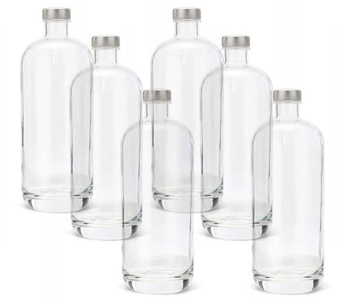 BrandPrint - Artemide Set di 6 Bottiglie in Vetro da 1 Litro - Tappo a Vite Rivestito in Alluminio - Senza BPA - Per Bevande Acqua e Succhi - Facile Pulizia e Riempimento, Trasparente, 1000 ml, Vetro