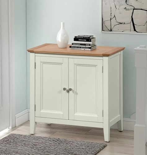 Hallowood Furniture Clifton Small Green Off-White Storage Cabinet, 2 Doors | Wooden Green Off-White Cupboard in Light Oak Top w/ Shelves, Perfect for Pantry Storage, Bathroom Cabinet or Entryway Table