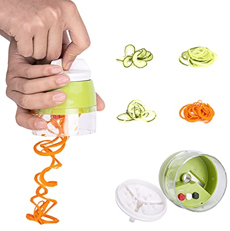Espiralizador de mano para vegetales, espiralizador de vegetales mejorado 4 en 1 cortador de espiral de verduras resistente, espiralizador de fideos, ideal para ensaladas, espiralizador, cortador de