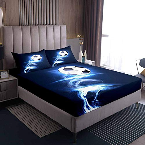 Juego de Cama de fútbol para niñas y niños con temática Deportiva, sábana Bajera Ajustable con patrón de Pelota de fútbol, Juego de sábanas para decoración de habitación, Funda de Cama de Doble tamañ