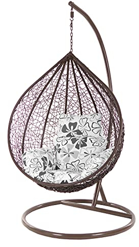 KIDEO Komplettset: XXL Hängesessel mit Gestell & Kissen, Korbsessel, Poly-Rattan, braun, groß (Kissen: Chesterstepp geblümt [9800 fossil Flower Love])