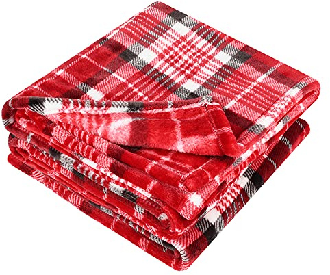 Catalonia Karierte Decke Überwurf, Büffel Flauschige Wohndecke, Weihnachten Karo Warme Plüsch Mikrofaser Winter Reversible Decke für Couch Sofa Bett, 150x130CM, Plaid Rot