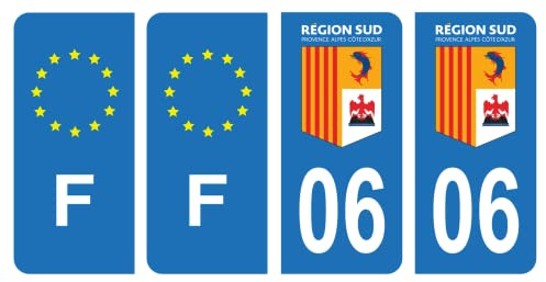 HADEXIA Nummernschild-Aufkleber, französisches Departement 06, Alpes-Maritimes Region Süd & F, Frankreich, Europa, 4 Stück