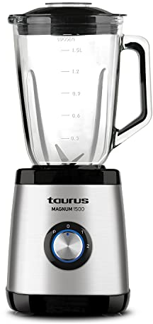 Taurus Magnum 1500 - Batidora de vaso, jarra cristal 1.5L, 1500W, 4 cuchillas inox desmontables, pica hielo, bpa free, apta lavavajillas, 2 velocidades + Turbo