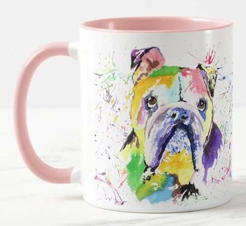Vixar Bully British Buldog Dog Pet Watercolour Art Coloured Mug Cup Gift Birthday Work Office Christmas Tea Coffee (Pink)