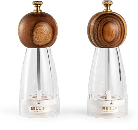 BILL.F Holz Salz und Pfeffermühlen Nachfüllbarer Satz von 2-nachfüllbaren Acryl Salz Shaker 5-oz Salz mit Pfeffermühle oder Salzmühle mit Gewürzmühle mit Easy Clean Ceramic Grinders