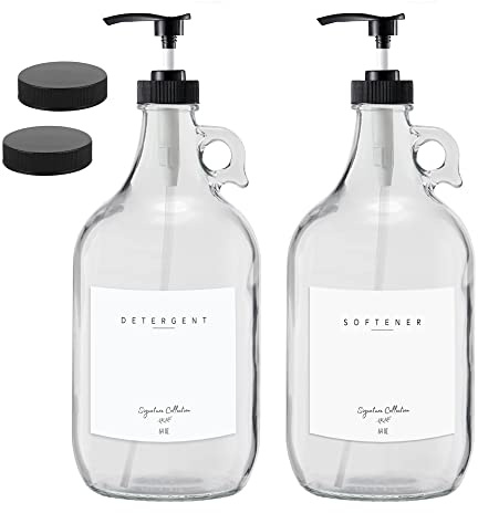 Laundry Detergent Dispenser for Laundry Room - Two Half Gallon Glass Jugs for Fabric Softener Dispenser, Liquid Laundry Soap Dispenser and Bleach - 64 oz. Black Commercial Liquid Pump Dispenser