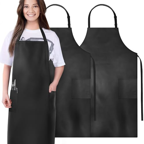 Gotega 2 Pack Waterproof Rubber Vinyl Apron, 40 Inch Heavy Duty Chemical Resistant Lab Apron Butcher Apron Adjustable Bib for Dishwashing Kitchen Cooking Drawing Black with 2 Pockets