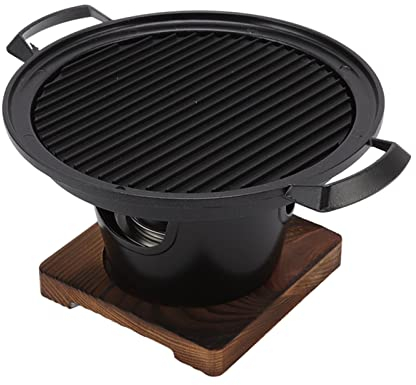 Mini Barbecue au Charbon de Bois de Style Japonais - Barbecue de Table en Carbone Rond D'intérieur avec Base en Bois pour Une Personne, Pique-Nique, Balcon et Camping