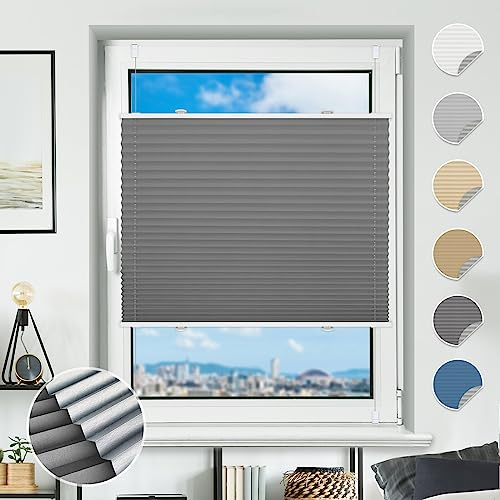 Plissee ohne Bohren Verdunkelung Plissees Klemmfix 45x130cm(BxH) Grau 100% Blickdicht Verdunklungsplissee Fensterrollo innen ohne Bohren Aluminium Rollos für Fenster & Tür
