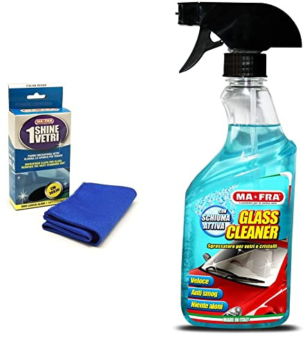 Ma-Fra, Panno in Microfibra per Vetri, Elimina lo Sporco e Non Rilascia Aloni, 30x30cm Azzurro & HN069 Glass Cleaner Detergente per Vetri