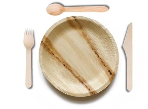 DISPOSABLE GREEN 100pcs Palm Leaf Plates and Wooden Cutlery Set, 25x Large Round Plates, Forks, Knives, Spoons, Eco Friendly Biodegradable (300 pcs (75pcs Each))