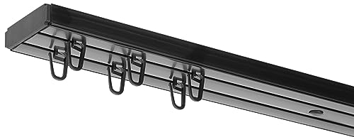 RENA Vorhangschiene 2-läufig Gardinenschiene aus Kunststoff Vorhang-Deckenschiene mit Klammern Gardinenleiste Gardinenstange Gardinen Vorhänge für Deckenmontage Schwarz 250cm