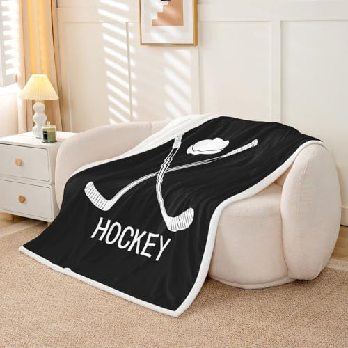 Kids Ice Hockey Sherpa Blanket 40X50, Black And White Fleece Blanket Sports Games Theme Throw Blanket Ice Hockey Bedroom Decorations, Winter Event Puck Fuzzy Blanket, Ice Hockey Gifts For Men