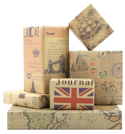 Lot de 6 feuilles de papier cadeau vintage pliées avec carte du monde et carte du monde - Papier kraft pour anniversaire, fête des mères, mariage, fête prénatale, 50,8 x 73,7 cm
