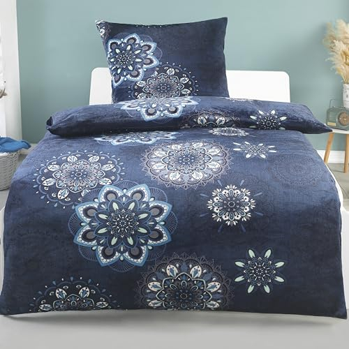 BaSaTex Winter Plüsch Cashmere Touch Bettwäsche Set Nicky Teddy Flausch Coral Fleece | 135x200 Bettbezug + 80x80 Kissenbezug | Design: Mandala Blau