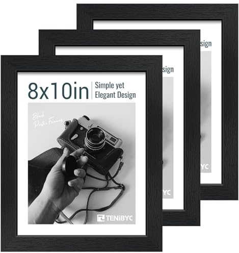 TENIBYC 8x10 Picture Frame Set - 3 Pack, Textured Black Solid Wood, HD Tempered Glass, Gallery Photo Frame, Table or Wall Display