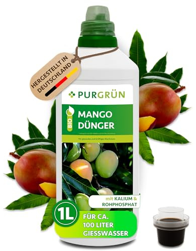 Purgrün® Bio-Mango-Dünger 1 Liter – Schnelles, gesundes Wachstum – Für den Bio-Anbau geeignet – Hohe Widerstandsfähigkeit dank extra Kalium – Ergiebiges Konzentrat für 100 Liter Gießwasser