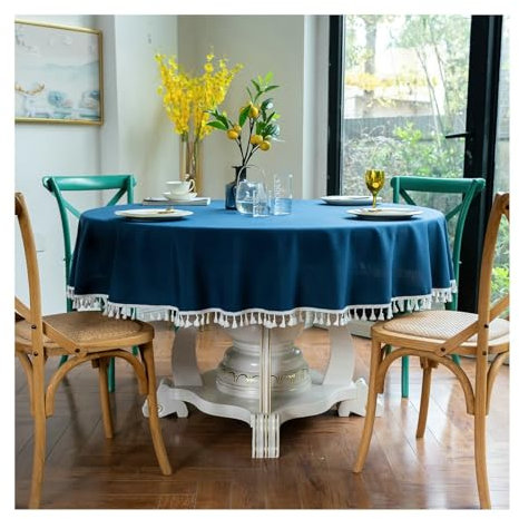Gualiy Tischdecke Modern Wohnzimmer, Tischdecken 200CM Polyester Abwaschbare Tischdecke Einfarbig mit Quasten Tischdecken für Gartentisch, Dunkelblau