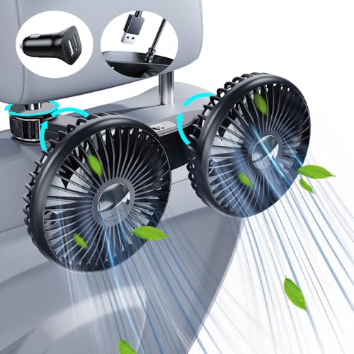 NIFBANG Ventilateur de voiture à double tête pour siège arrière, alimenté par USB pour enfants, bébés, chiens, rotatifs à 360°, 3 vitesses, ventilateur de refroidissement pour appuie-tête arrière