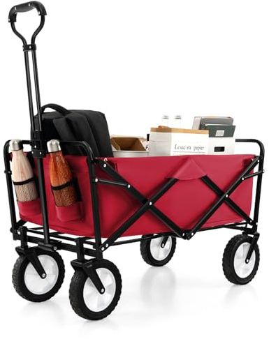 GYMAX Bollerwagen faltbar, robuster Handwagen mit 2 Seitentaschen & höhenverstellbarem Griff, Transportwagen mit geländegängigen Rädern, Gartenwagen für Einkaufen, Strand & Camping (Rot)