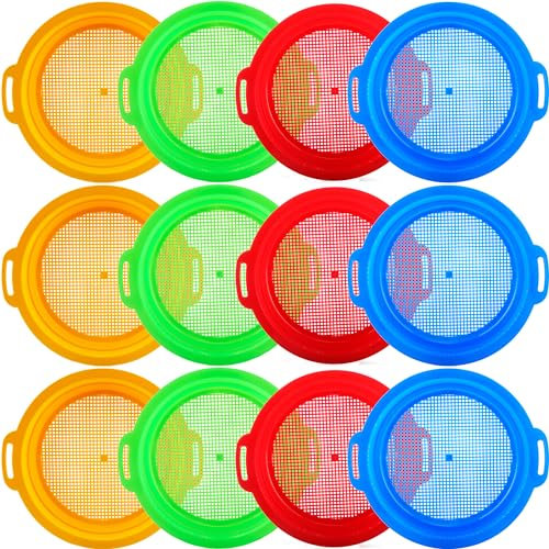 Restroma 12 Pack Kids Plastic Sand Strainer Sand Sifting Pan Sand Sifter Sieve Beach Toys for Boys Girls Outdoor Gardening Digging Finding Treasure Tools, 4 Colors