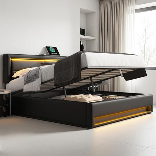 Sapgaks Lit Coffre 140 x 190 avec Espace de Rangement et LED,Lit 140 x 190 avec sommie à lattesr,Cadre de lit avec Port USB,Prend en Charge Le Chargement sans Fil