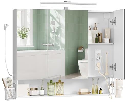 VASAGLE Mueble de Baño con Iluminación LED, 16,5 x 90 x 75 cm, Múltiple Toma de Corriente, Cesta Colgante, Soporte para Secador de Pelo, para Lavabo, Blanco Nube BBK136W01