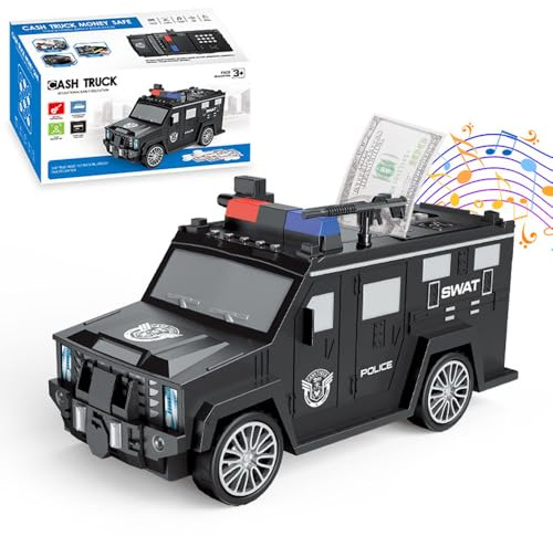 KBIBCK Geldtransporter Sparschwein, Spardose Kinder, Polizeiauto Piggy, Sparbüchsen mit Passwortschutz, Diebstahlalarm, Soundeffekte, Kinderlieder Bank, Geschenke für Jahren Mädchen Junge (Car)