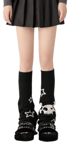 AKAMAS Damen Schwarz-weiße Lose Gestrickte Beinwärmer,Halloween Cospaly Party Spinnweben Totenkopf Muster Beinstulpen,Y2K Gothic Winter Stiefel-Manschettenwärmer,Weiches Stulpen Lange Socken A