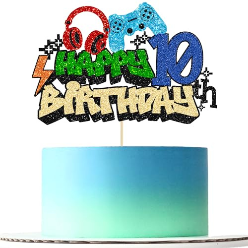 Gyufise 1Pcs Video Game Happy 10th Birthday Cake Topper Glitter Video Game Cake Pick Game On Controllers Tenth Cheers to 10 Years Cake Decoration for Boys 10th Birthday Party Supplies