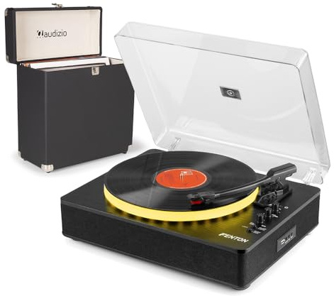 Fenton RP162LED Modern Record Player, Vinyl Player with Bluetooth Output, Built-In Speakers, Record Case, LED Lights, 3 Speeds, Black Turntable Bundle
