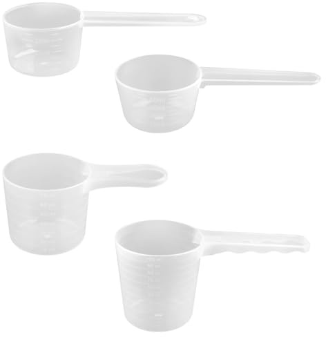 Lotsdonxia Juego de 4 cucharas medidoras de plástico transparente, cucharas dosificadoras de 100 ml, 70 ml, 50 ml, 40 ml para leche en polvo, proteína en polvo, harina y detergente