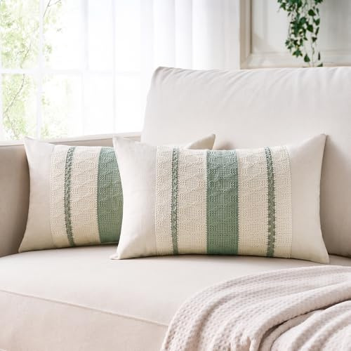 Aisybaklyn Funda Cojin 30x50 cm Funda de Almohada Verde Salvia Boho Textura Tejida Rectángulo Cojines Algodón Lino Cojín para Decoración del Hogar Sofá Oficina Juego de 2
