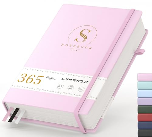 Umriox A5 Lined Journal Notebook -365 Pages Hardback Thick College Ruled Notebook Journal with 100gsm Paper,Leather Hardcover Journals for Women Men Work School Office，14.5 x 21.4cm-Pink